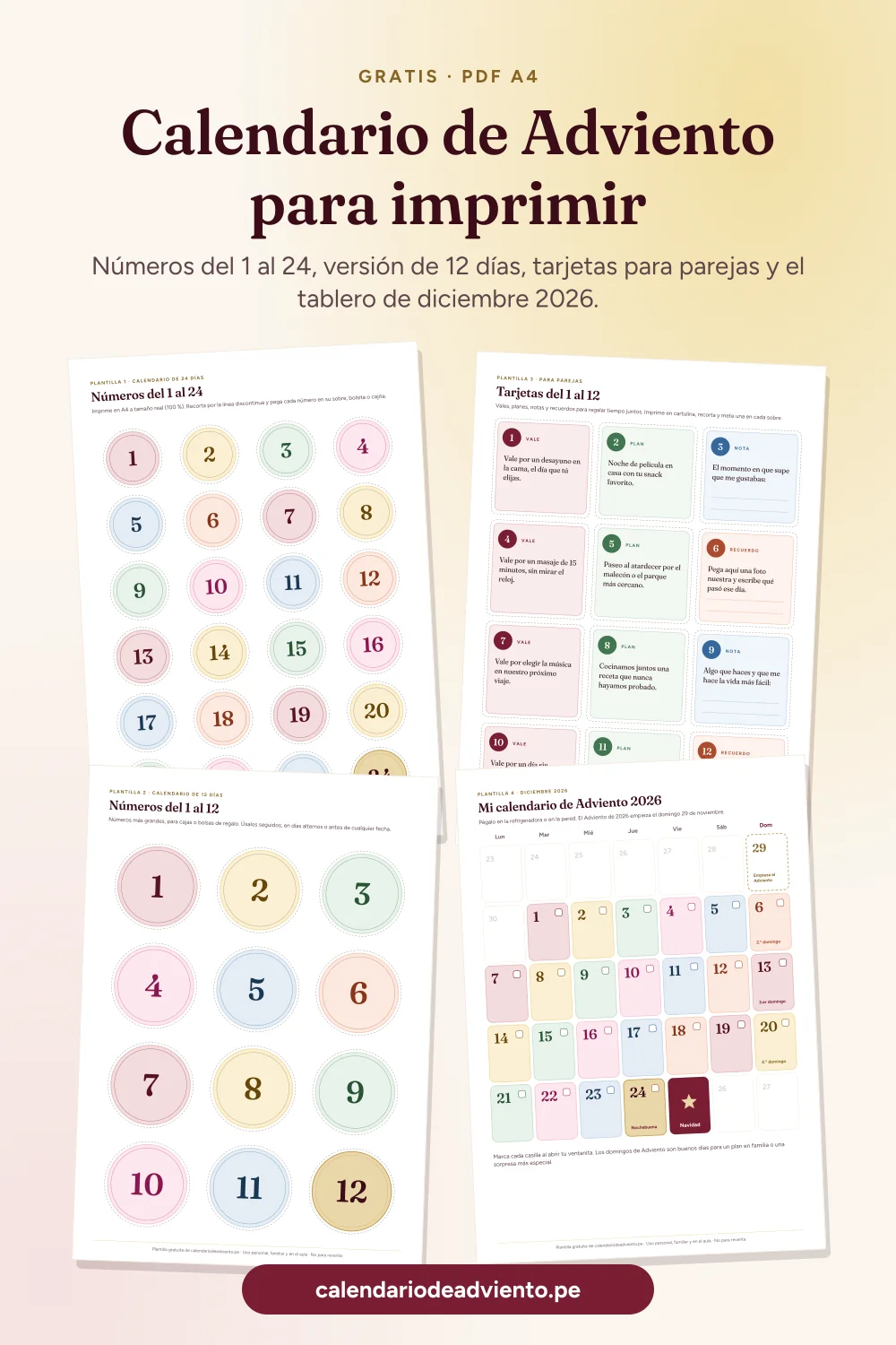 Vista previa de las cuatro plantillas gratuitas para imprimir un calendario de Adviento: números del 1 al 24, tarjetas para parejas, números de 12 días y tablero de diciembre 2026